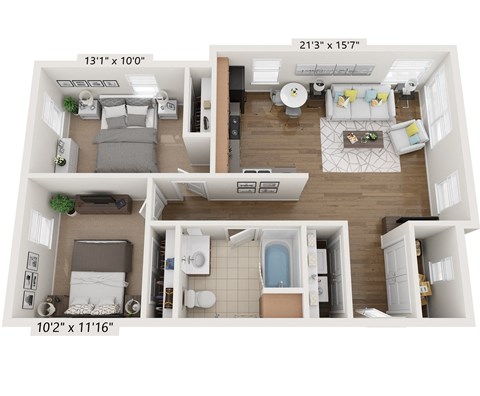 Floor plan for 2 beds, 1 bath, 863 sqft